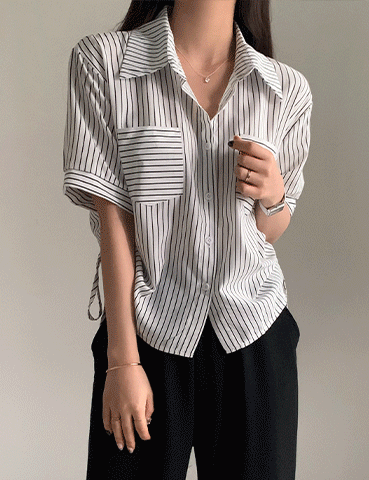 [시선집중✨]알빈 스트링 스트라이프 셔츠(3color) 반팔 사이드 세로줄 라인 포켓 루즈핏 카라넥 줄무늬 묶음 리본 여름셔츠 얇은소재 세미크롭